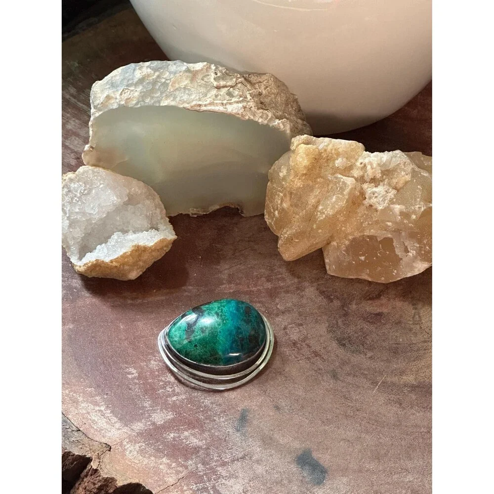Vintage Israeli 925 Sterling Silver Brooch Pendant – Blue Green Chrysocolla Eila